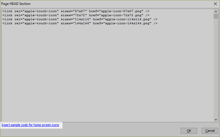 Sample markup for home screen icons can be inserted using the link at the bottom of the Page HEAD Section dialog.